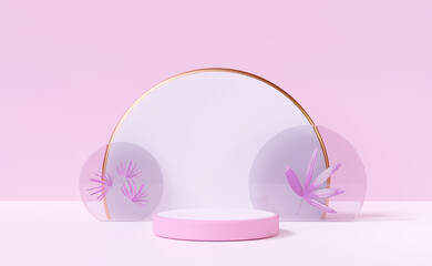3d pink cylinder stage podium empty with palm leaf, abstract geometric cosmetic showcase pedestal pink background. minimal modern scene, 3d render illustration