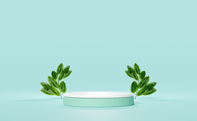 3d white cylinder stage podium empty with palm leaf, abstract geometric cosmetic showcase pedestal green background. minimal modern scene, 3d render illustration