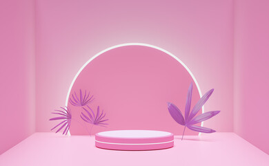 3d pink cylinder stage podium empty with palm leaf, abstract geometric cosmetic showcase pedestal pink background. minimal modern scene, 3d render illustration