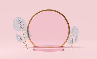 3d glass cylinder stage podium empty with palm leaf, abstract geometric cosmetic showcase pedestal pink background. minimal modern scene, 3d render illustration