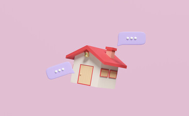 3d red house with chat bubbles isolated on pink background. online shopping, search data concept, 3d render illustration
