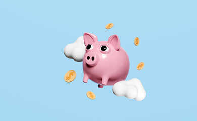 3d pink piggy bank with dollar money coins, cloud isolated on blue background. saving money concept, 3d render illustration