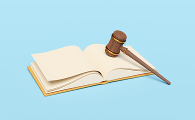 3d wooden judge gavel, hammer auction with open book isolated on blue background. law, justice system symbol concept, 3d render illustration