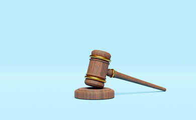 3d wooden judge gavel, hammer auction with stand isolated on blue background. law, justice system symbol concept, 3d render illustration