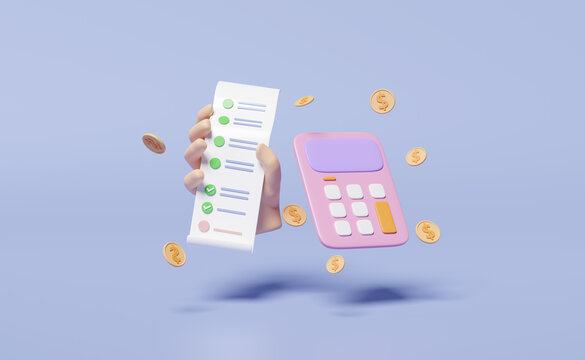 3d hand holding bill receipt paper with dollar money coins, calculator isolated on blue background. invoice, electronic bill, minimal concept, 3d render illustration