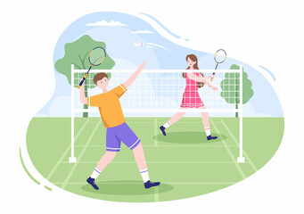 Badminton Player with Shuttle on Court in Flat Style Cartoon Illustration. Happy Playing Sport Game and Leisure Design