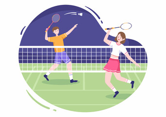 Badminton Player with Shuttle on Court in Flat Style Cartoon Illustration. Happy Playing Sport Game and Leisure Design