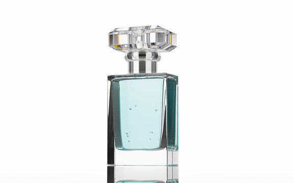 30-50 ml. Perfume container, clear glass sprayer dispenser bottle. Nice geometric clear plastic cover style. filled with super clear light-blue liquid. 
