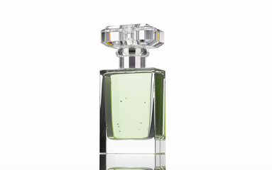 30-50 ml. Perfume container, clear glass sprayer dispenser bottle. Nice geometric clear plastic cover style. filled with super clear light-green liquid. 