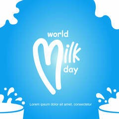Love world milk day logo on blue background and milk element on glass