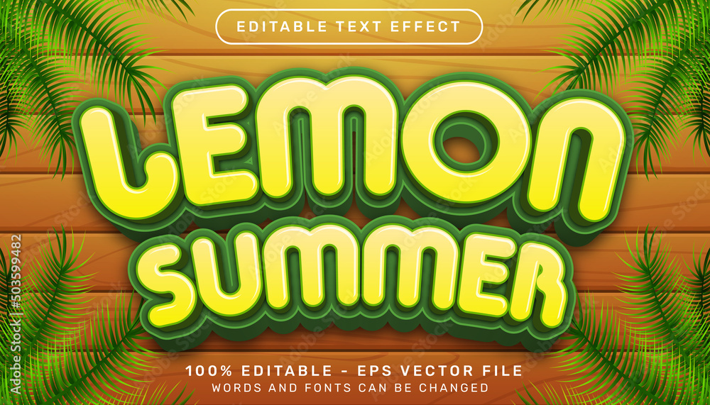 Poster lemon summer 3d editable text effect and wood texture background