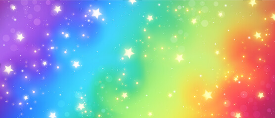 Fototapeta premium Rainbow fantasy background. Holographic illustration in pastel colors. Cute cartoon girly background. Bright multicolored sky with stars and bokeh. Vector.