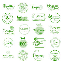 Organic food, natural food, healthy food and organic or natural product logos, icon, badges and stickers collection for food and drink market, ecommerce, organic products, natural products promotion.