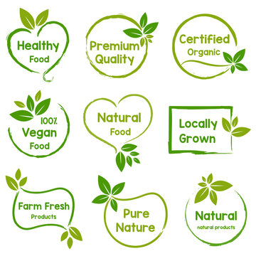 Organic food, farm fresh and natural or organic product stickers and badges collection for food market, ecommerce, natural products promotion and healthy life food and drink.
