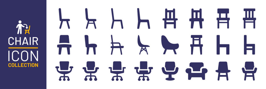 Chair icon collection. Office chair, armchair and sofa icon isolated on white background.