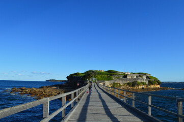 A view of the wooden walkway from La Perouse to Bare Island in Sydney, Australia