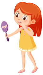 A girl holding hand mirror on white background