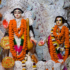 Goddess Durga with traditional look in close up view at a South Kolkata Durga Puja, Durga Puja...
