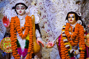 Goddess Durga with traditional look in close up view at a South Kolkata Durga Puja, Durga Puja Idol, A biggest Hindu Navratri festival in India