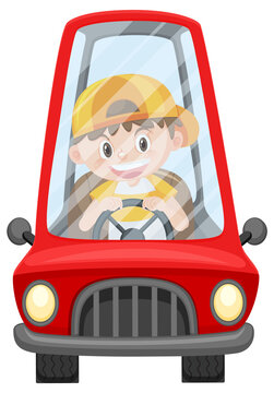 Boy driving a car on white background