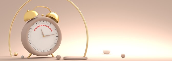 Finance management concept. Alarm clock with crowd funding text. 3D render