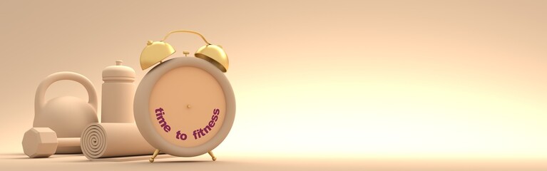 Gym training and home exercising and fitness equipment. Dumbbells, bob, yoga mat and bottle. Tools for healthy lifestyle and wellbeing. Alarm clock. 3D render