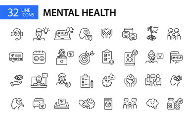 32 mental health and psychotherapy icons. Pixel perfect, editable stroke line art icon
