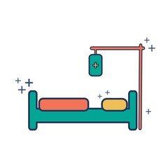 Hospital bed icon vector illustration glyph style design with color and plus sign. Isolated on white background.