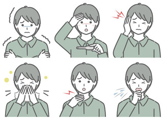 風邪の症状が出ている私服の若い男性