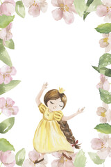 Obraz na płótnie Canvas Watercolor floral frame with princess in yellow dress