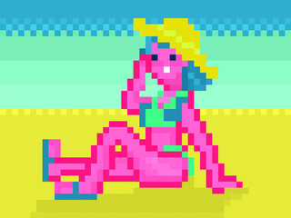 Pixel female character on beach