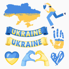 Symbols of support for Ukrainian war victims vector illustration. Call for help and peace for Ukraine.