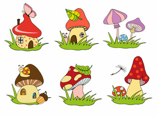 vector set of cartoon drawing cute mushroom, stickers clipart