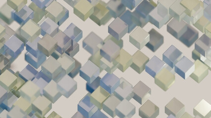 Light blue and green transparent cubes floating in the air. Abstract background for technology concept, digital concept, business advertisement, wallpaper. 3d rendering.