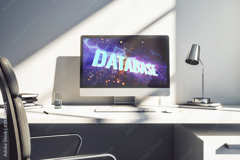 Poster modern computer monitor with creative database word hologram, research and development concept. 3d r