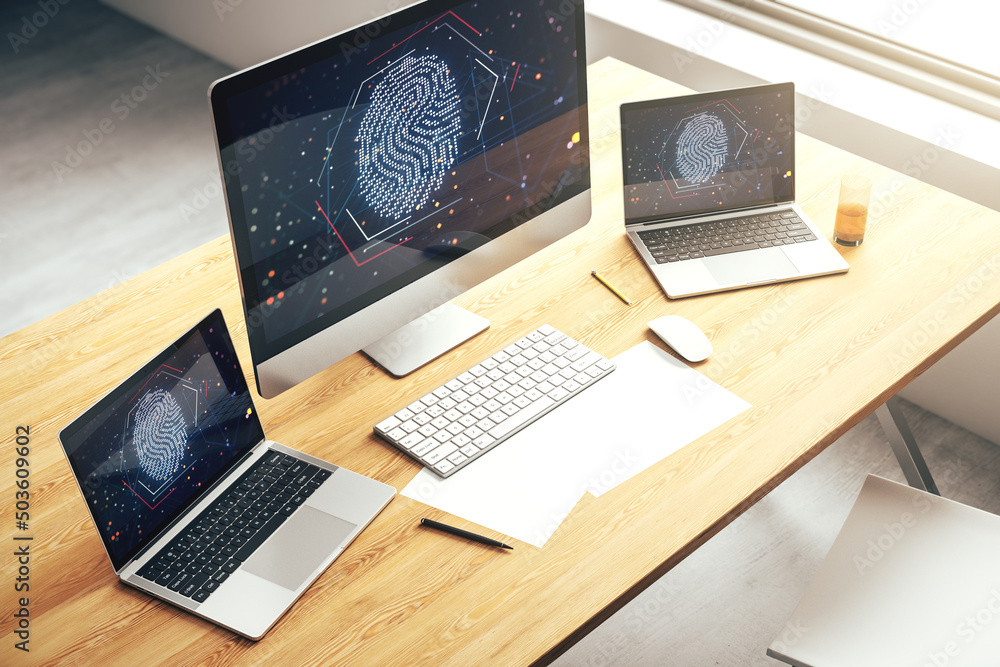 Poster computer monitor with abstract creative fingerprint illustration, personal biometric data concept. 3