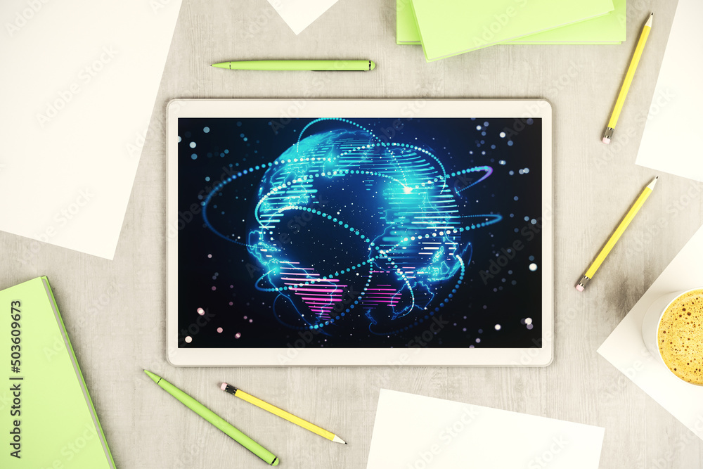 Poster modern digital tablet display with abstract graphic world map with connections, globalization concep