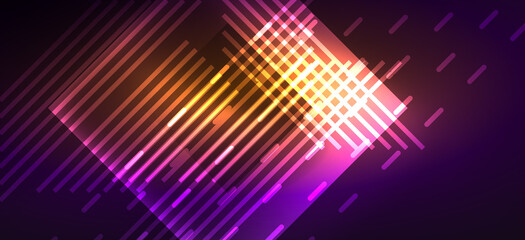 Obraz premium Background neon glowing lines and geometric shapes. Lights in the dark wallpaper for concept of AI technology, blockchain, digital, communication, 5G, science
