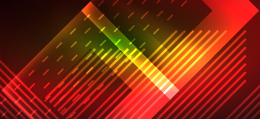 Fototapeta premium Background neon glowing lines and geometric shapes. Lights in the dark wallpaper for concept of AI technology, blockchain, digital, communication, 5G, science