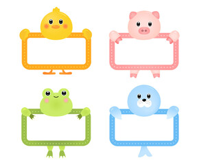 A name tag with a cute animal face memo icon illustration set. Kindergarten, daycare, frame, memo, letter. Vector drawing. Hand drawn style.