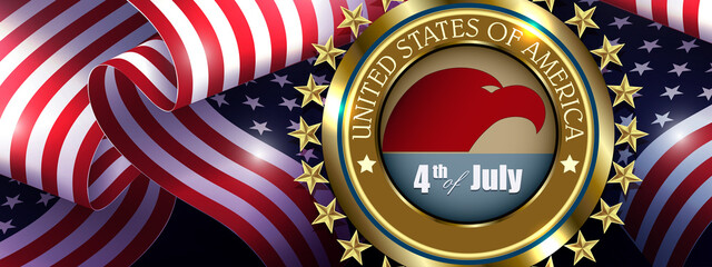 Composition of the American flag, the national symbol of the USA, a round golden badge
