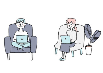 一人がけソファでパソコンをしている人々のセット　コミカルな手書きの人物　ベクター、線画にカラー