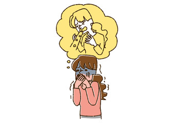 嘔吐恐怖症の女性　さまざまな心の病気、症状を抱える人々　温かみのある手書きの人物イラスト