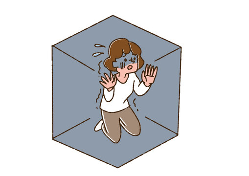 recommend clip art: 閉所恐怖症の女性　さまざまな心の病気、症状を抱える人々　温かみのある手書きの人物イラスト