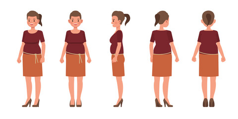 Set of working woman wear red shirts color character vector design. Presentation in various action. People working in office planning, thinking and economic analysis.