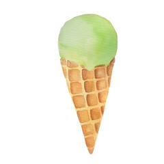 Green pistachio ice cream in waffle cone isolated on white background. Watercolor classic summer sweetness drawing.