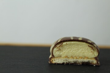 cake chocolate candy dessert cut into cookies. Bird's milk. Homemade pastries with space for text copyspace