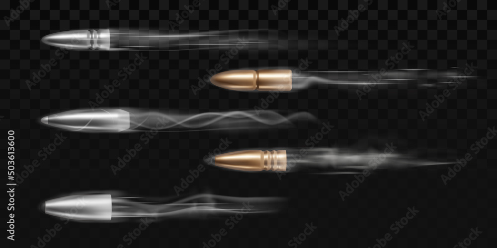Poster fired bullets with smoke traces isolated on transparent background. vector realistic set of 3d metal