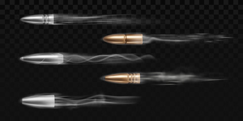 Fired bullets with smoke traces isolated on transparent background. Vector realistic set of 3d metal and brass bullets different calibers with motion effect of shot from weapon, revolver or pistol - obrazy, fototapety, plakaty