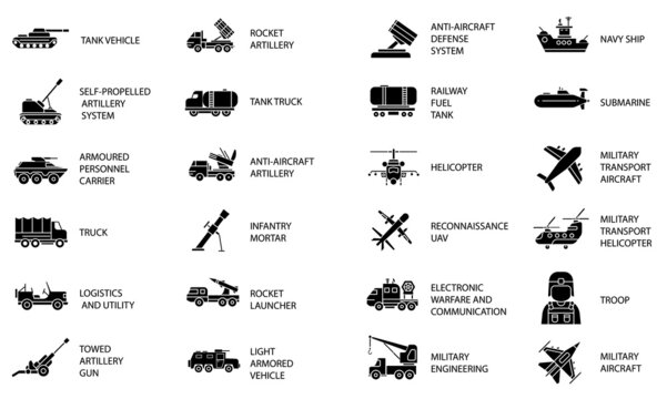 set of 24 outline army web icons. military vehicles, planes and boats.